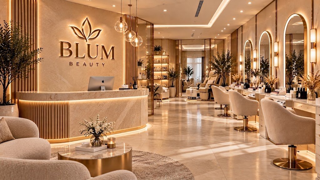 BLUM BEAUTY enterijer sa krem foteljama, recepcijom i toplim osvetljenjem