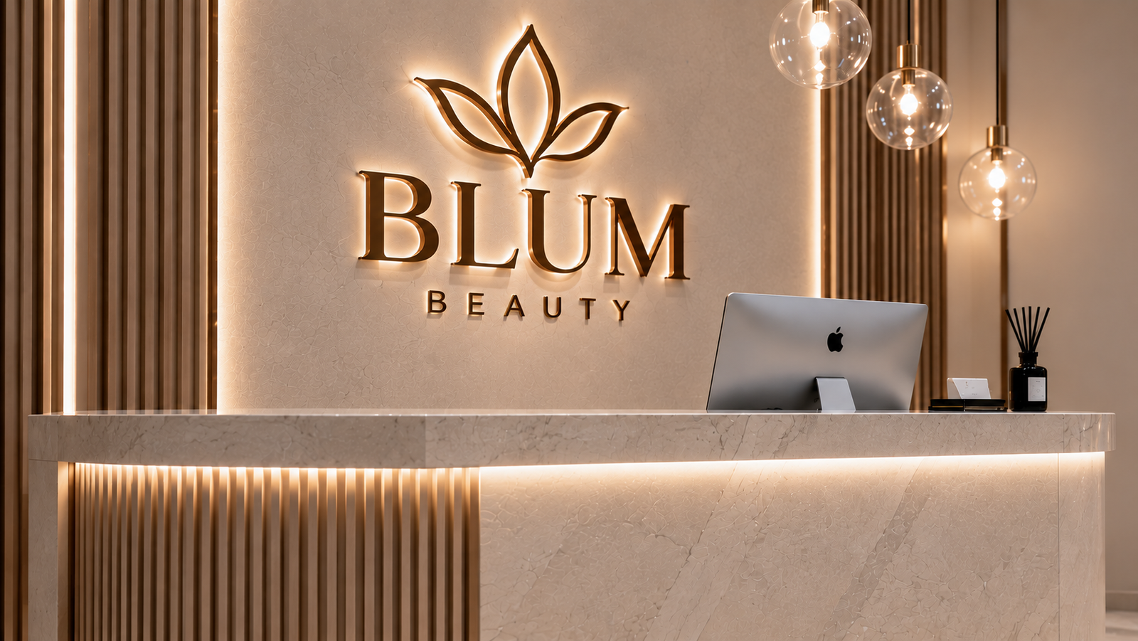 BLUM BEAUTY recepcija sa logotipom i toplim osvetljenjem